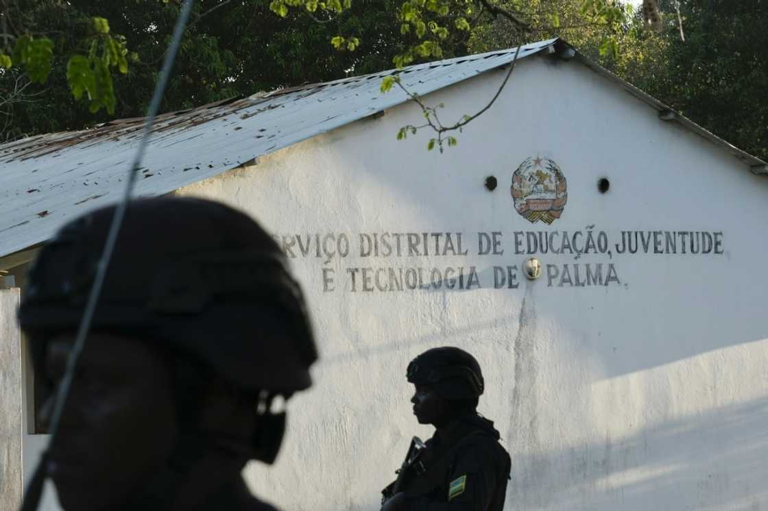 Rwandan policemen at an abandoned youth centre in Palma, the main target in last year's jihadist offensive