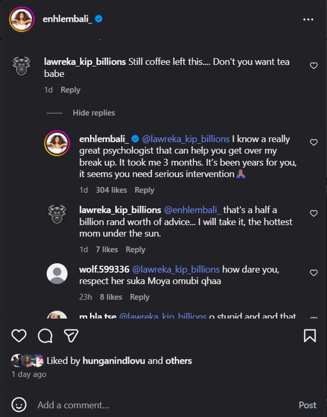 Enhle Mbali clapped back at a troll.