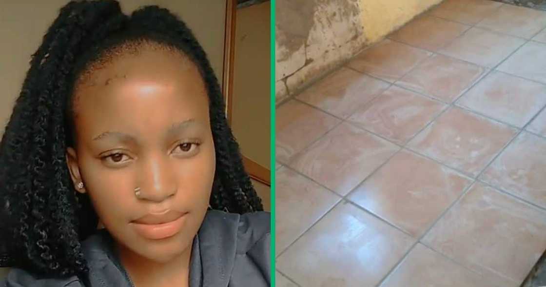 Young woman completes her tiling project.