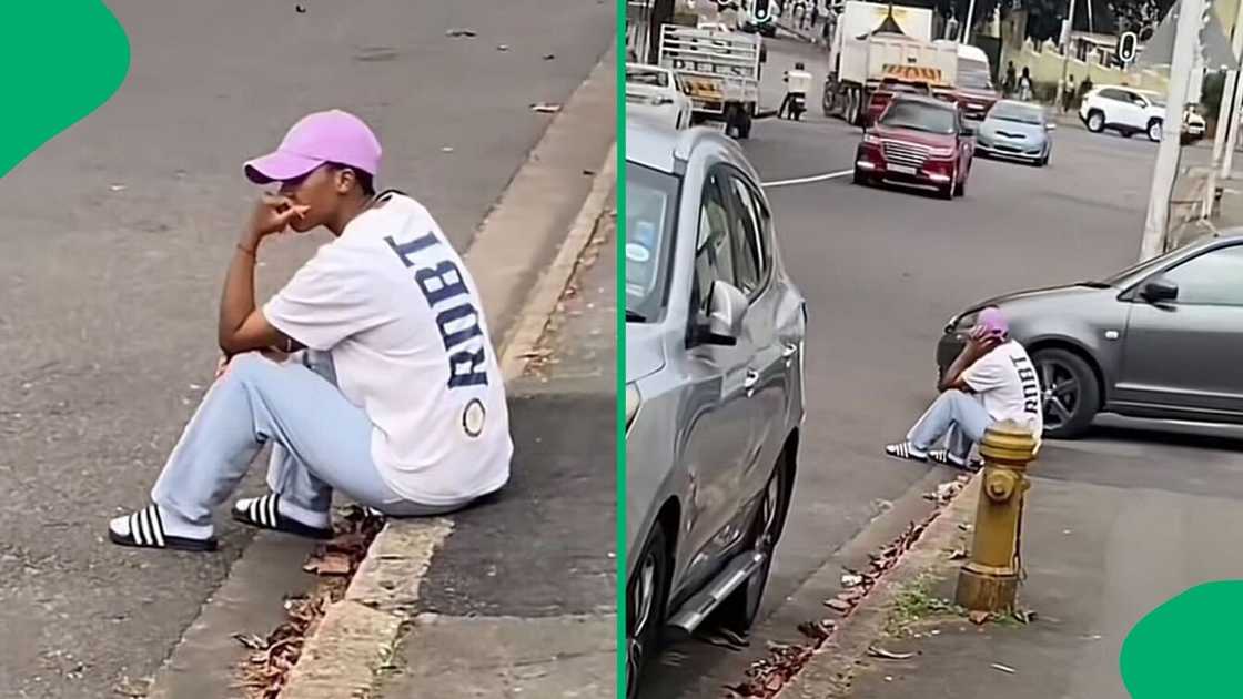 A TikTok video shows a student sulking on the pavement, expressing their emotions.