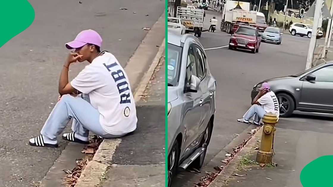 A TikTok video shows a student sulking on the pavement, expressing their emotions. A TikTok video shows a student sulking on the pavement, expressing their emotions.