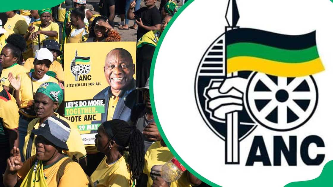 African National Congress logo and supporters wait for President Cyril Ramaphosa to arrive