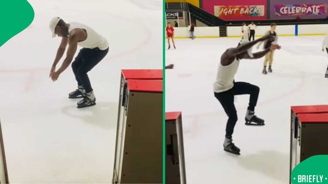 A screenshot from the TikTok showing the high leg lift of the Indlamu dance on ice A screenshot from the TikTok showing the high leg lift of the Indlamu dance on ice