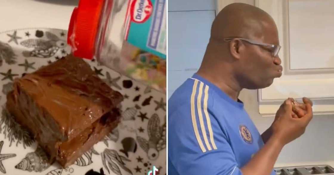 Son pranks his dad with a fake brownie. Son pranks his dad with a fake brownie.