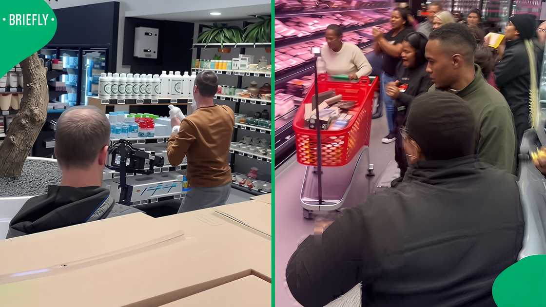 A man and woman scooped R29k worth of groceries at Spar during a trolley dash in South Africa. A man and woman scooped R29k worth of groceries at Spar during a trolley dash in South Africa.
