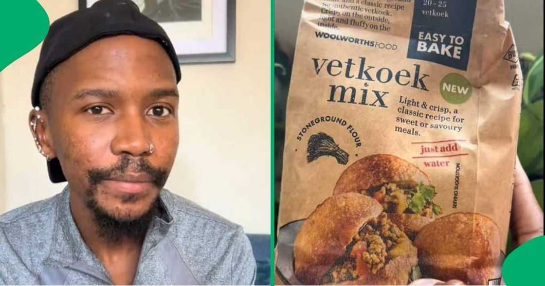 A TikTok video shows a man showcasing Woolworths' easy vetkoek mix he bought.