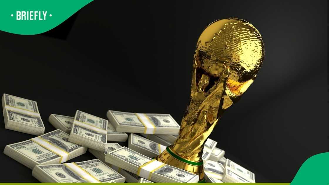 FIFA World Cup trophy surrounded by stacks of US currency highlighting high 2026 World Cup ticket prices for Bafana Bafana Mexico opene