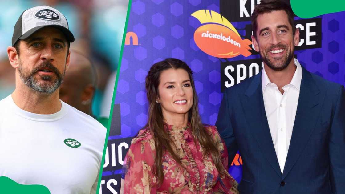 Aaron at a 2023 game against the Miami Dolphins (L). Danica Patrick and Rodgers at the Nickelodeon Kids' Choice Sports Awards in 2018 (R)