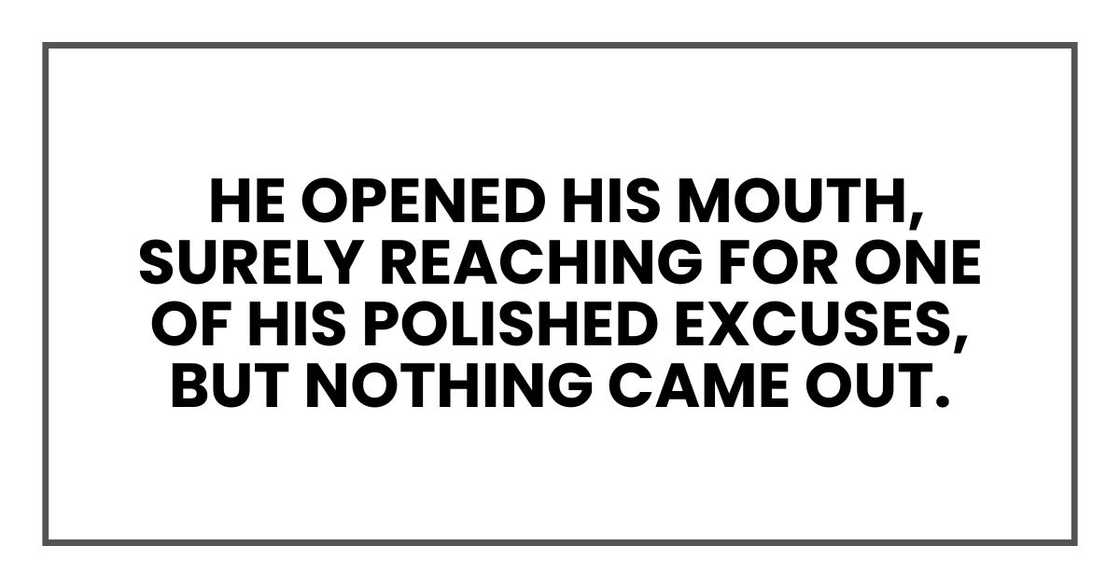 He opened his mouth, surely reaching for one of his polished excuses, but nothing came out.
