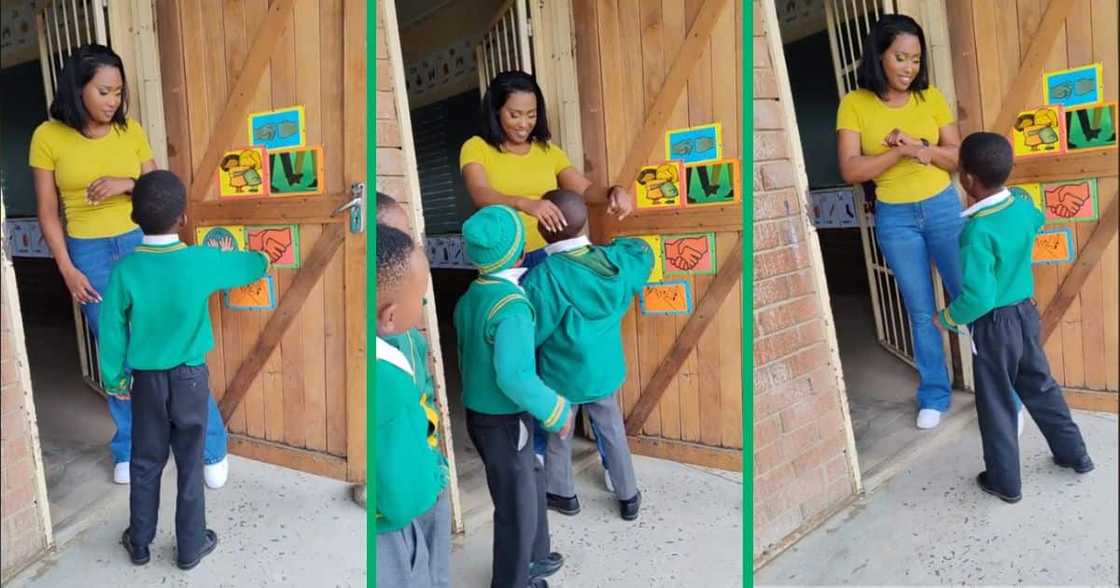 Teacher greeting pupils