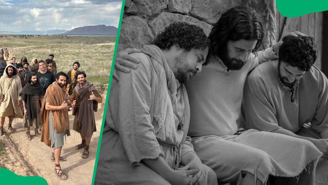 The Chosen cast members posing for a photo (L). Jesus Christ with two of his followers on The Chosen (R) The Chosen cast members posing for a photo (L). Jesus Christ with two of his followers on The Chosen (R)