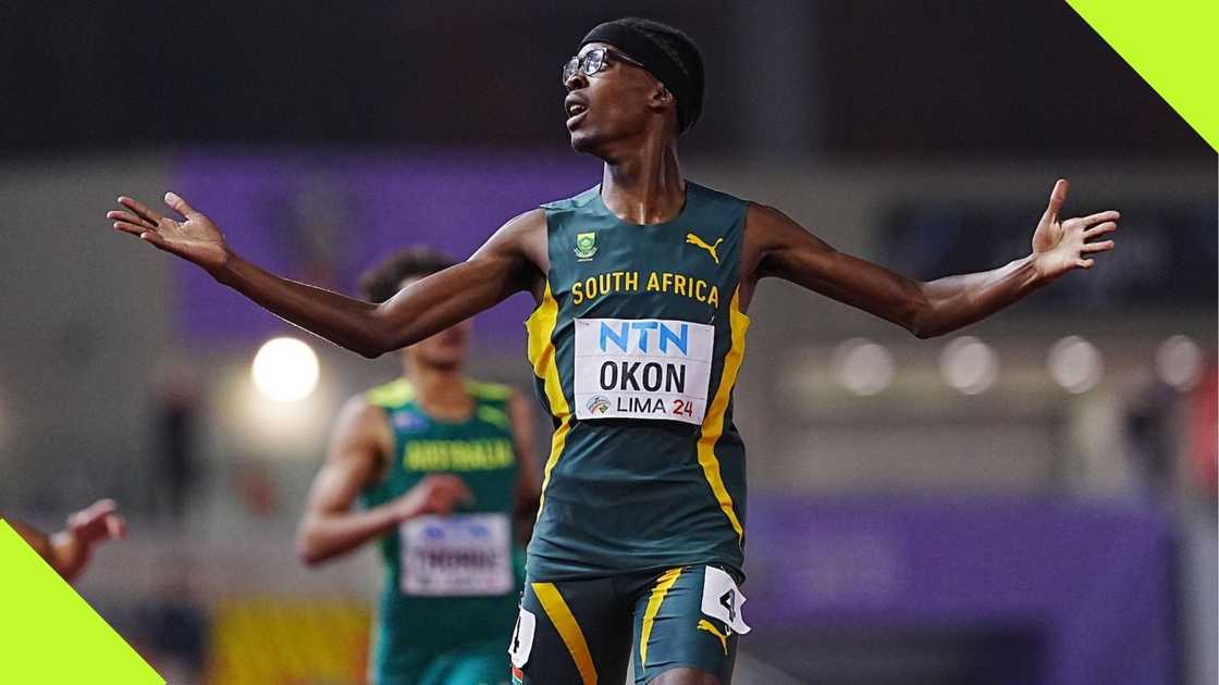 Udeme Okon wins South Africa's second gold at the World under-20 Athletics Championships held at Lima in Peru. Photo: @WorldAthletics. Udeme Okon wins South Africa's second gold at the World under-20 Athletics Championships held at Lima in Peru. Photo: @WorldAthletics.