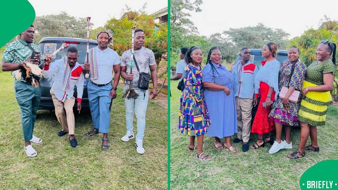 The visual on the right captured the newly weds posing with their friends and family The visual on the right captured the newly weds posing with their friends and family