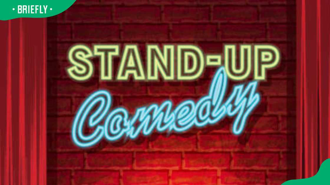 Stand-up Comedy Night stage with neon sign and brick wall