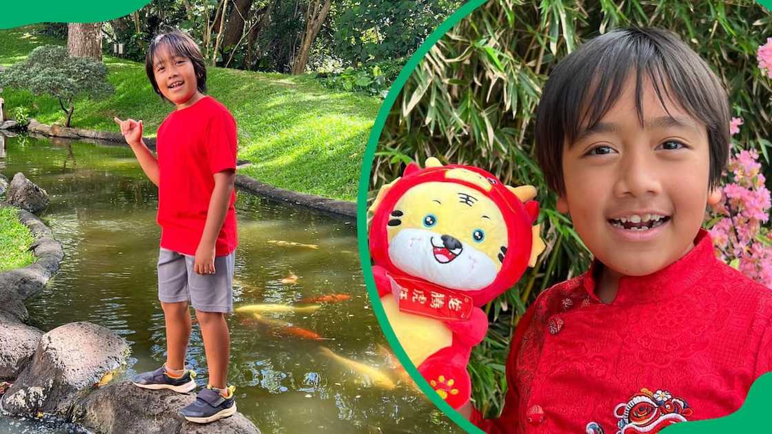 Ryan's World posing in a red T-shirt and grey shorts (L). Ryan holding a toy (R). Ryan's World posing in a red T-shirt and grey shorts (L). Ryan holding a toy (R).