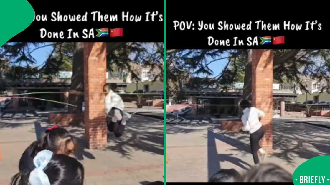 The visual on the right captured Faith as she was jumping to get inside legusha