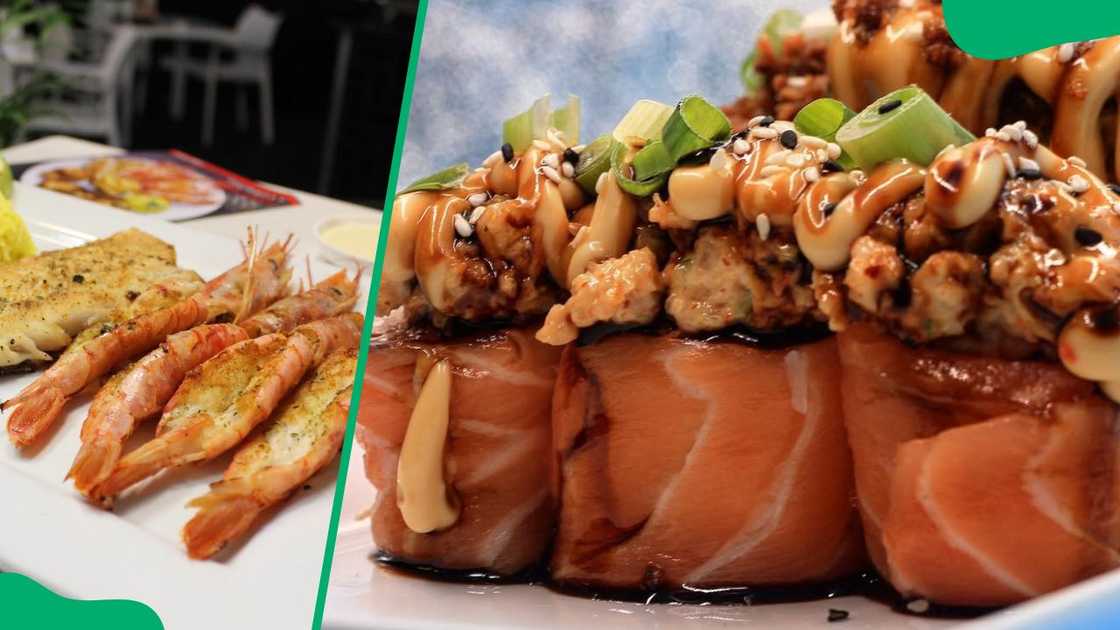 Grilled prawn and fish fillet (L). Salmon Roses Reloaded (R)