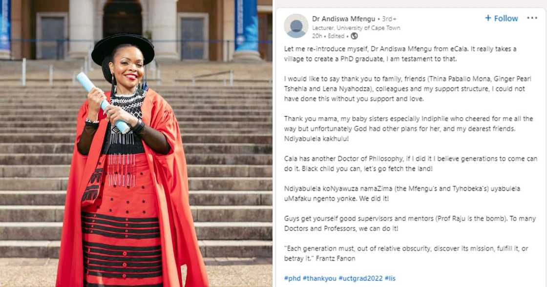 Dr Andiswa Mfengu standing with her PhD certificate