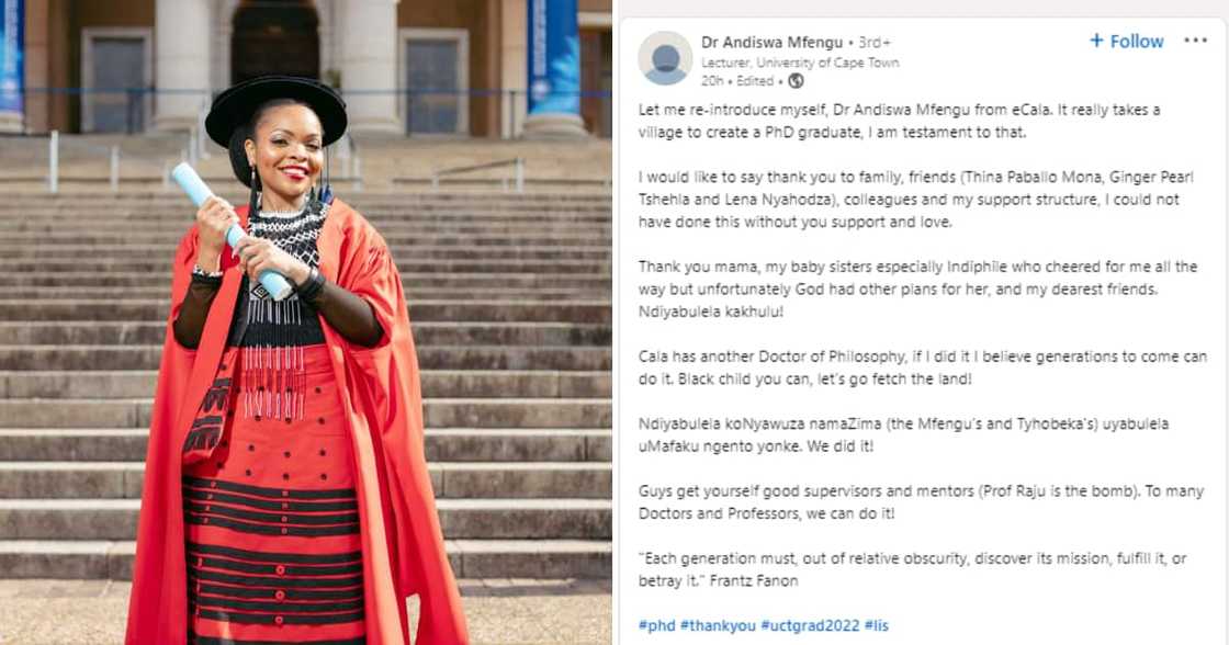 Dr Andiswa Mfengu standing with her PhD certificate Dr Andiswa Mfengu standing with her PhD certificate