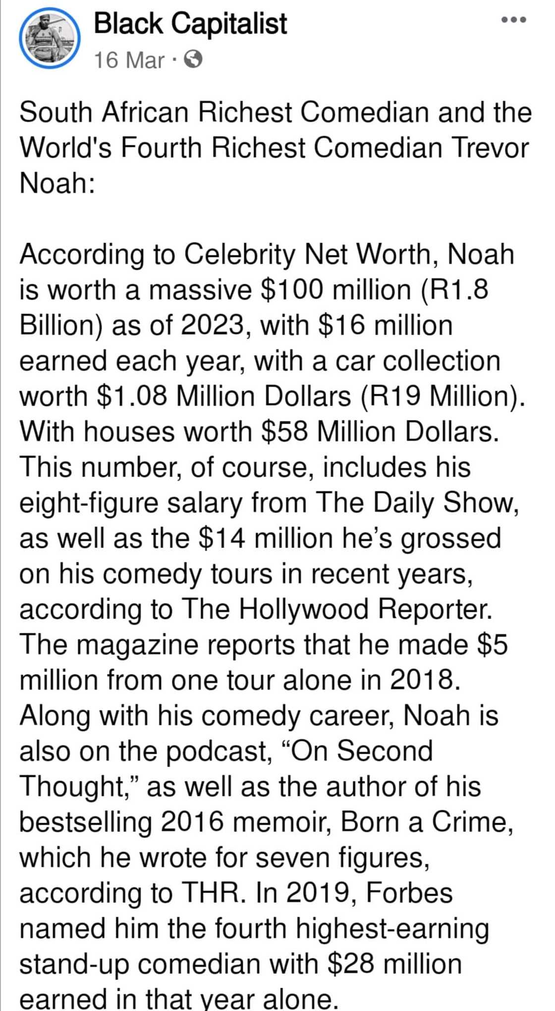 Facebook post shares Trevor Noah's net worth.