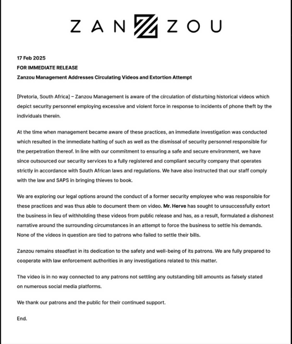 Media statement from Zanzou Media statement from Zanzou