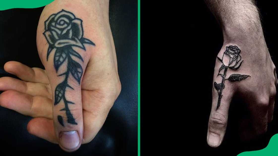 Rose down the thumb tattoo