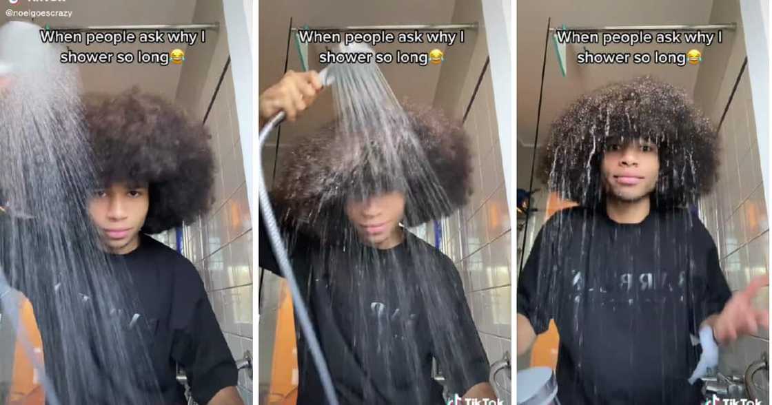 A gent used a shower head to show why he takes longer in the bathroom. A gent used a shower head to show why he takes longer in the bathroom.