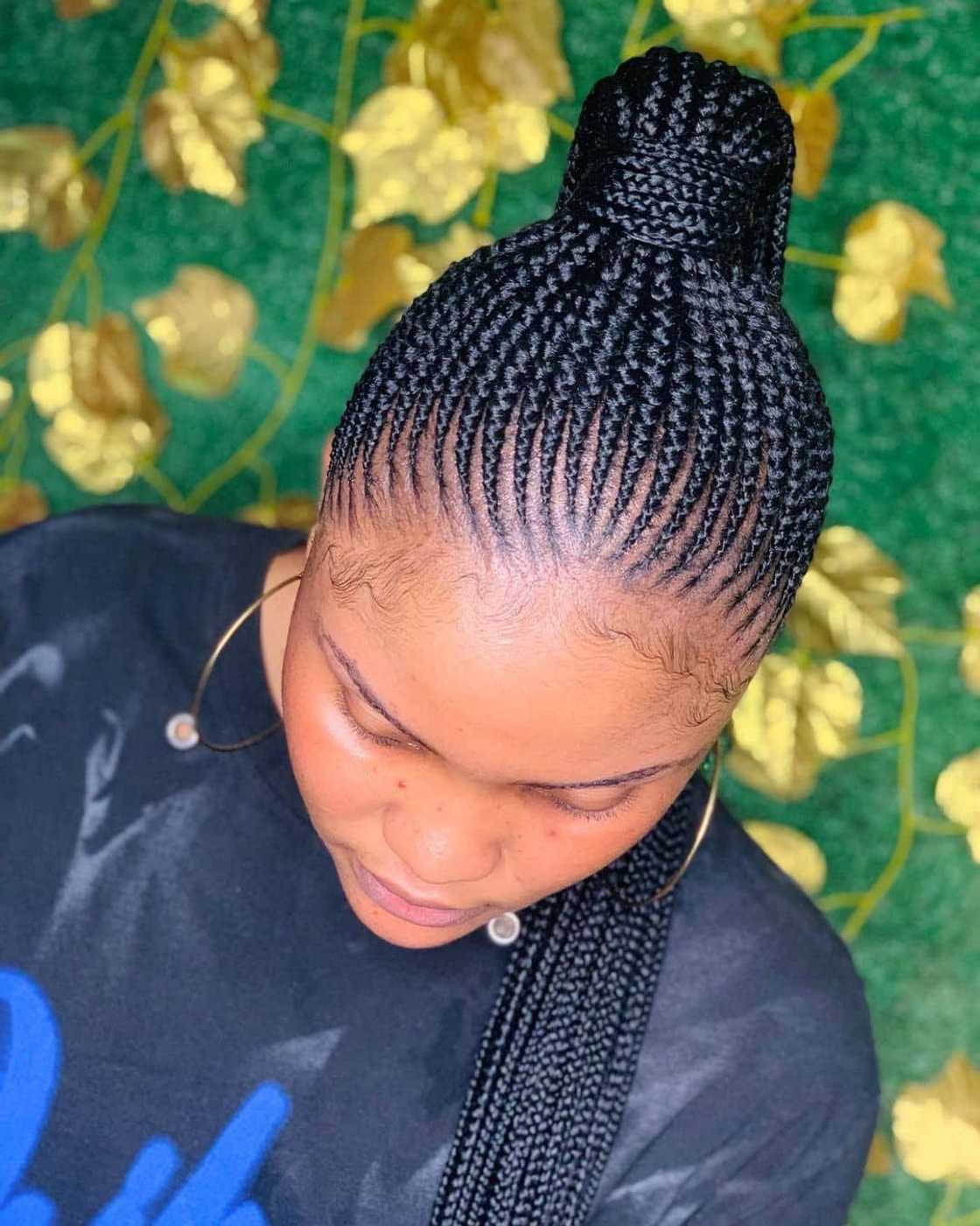 Thin cornrows ponytail