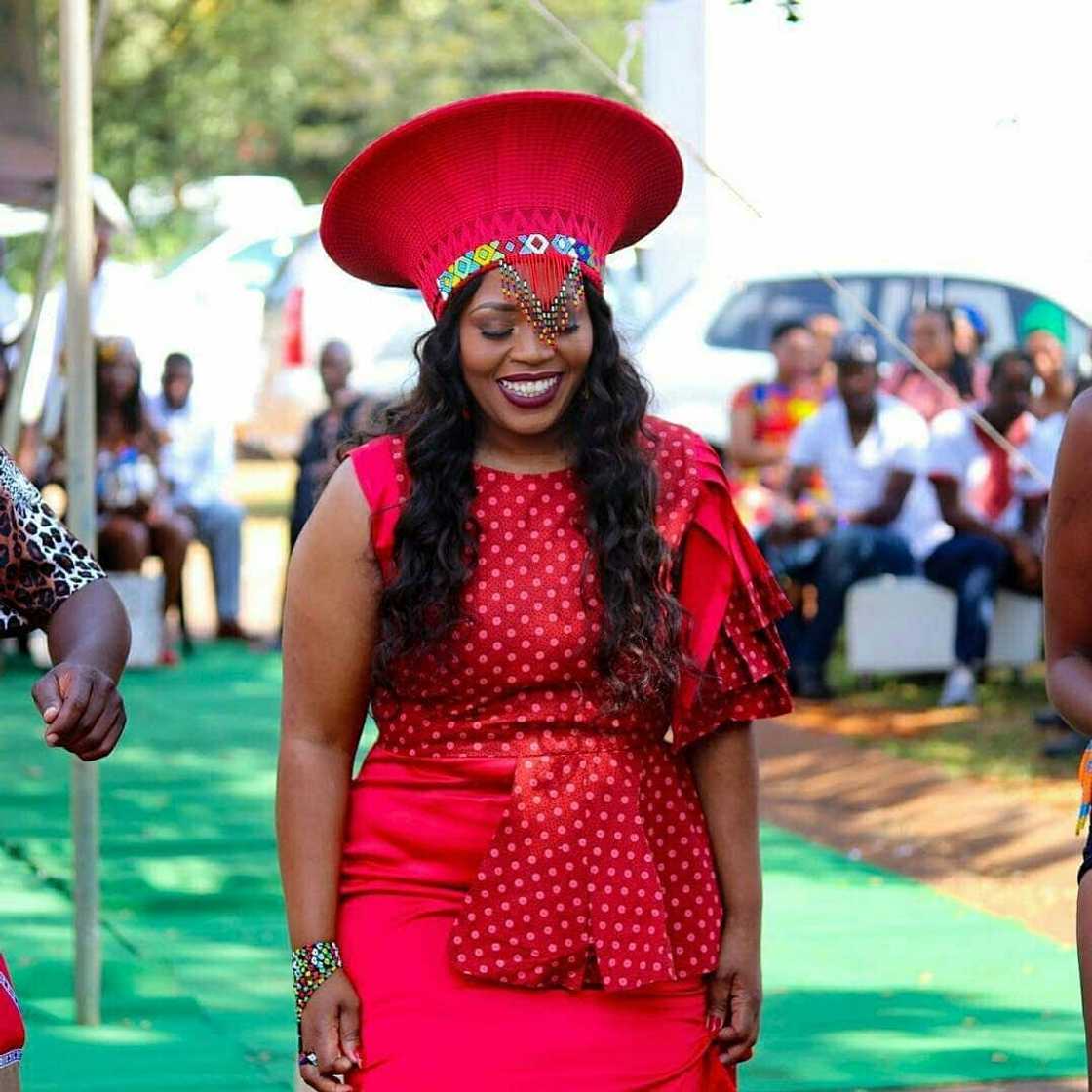 Red-themed Shweshwe dress