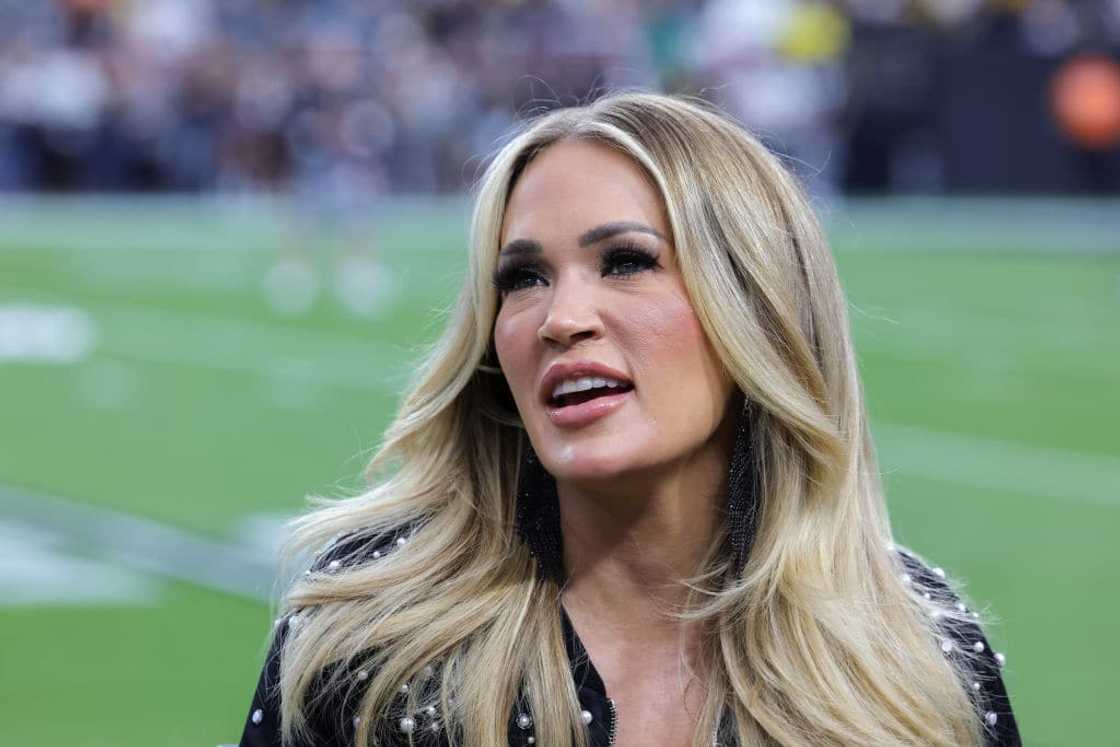 Carrie Underwood during an NBC Sunday Night Football broadcast Carrie Underwood during an NBC Sunday Night Football broadcast