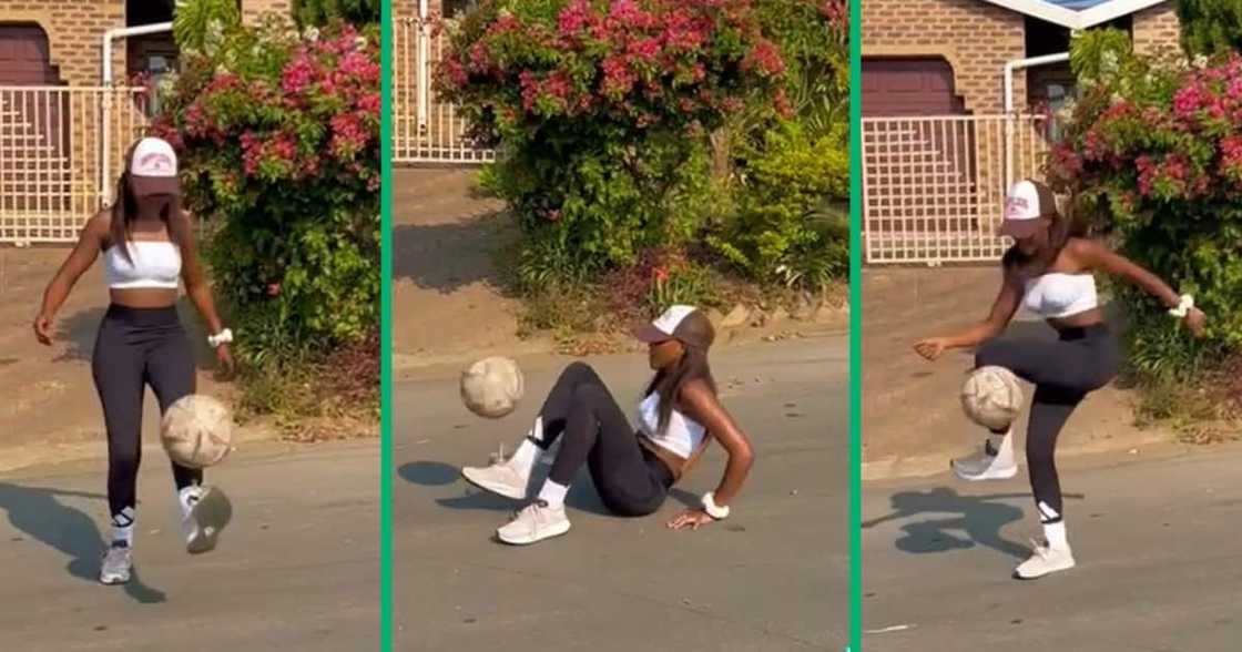 A young woman played with great skill with a soccer ball with precision A young woman played with great skill with a soccer ball with precision