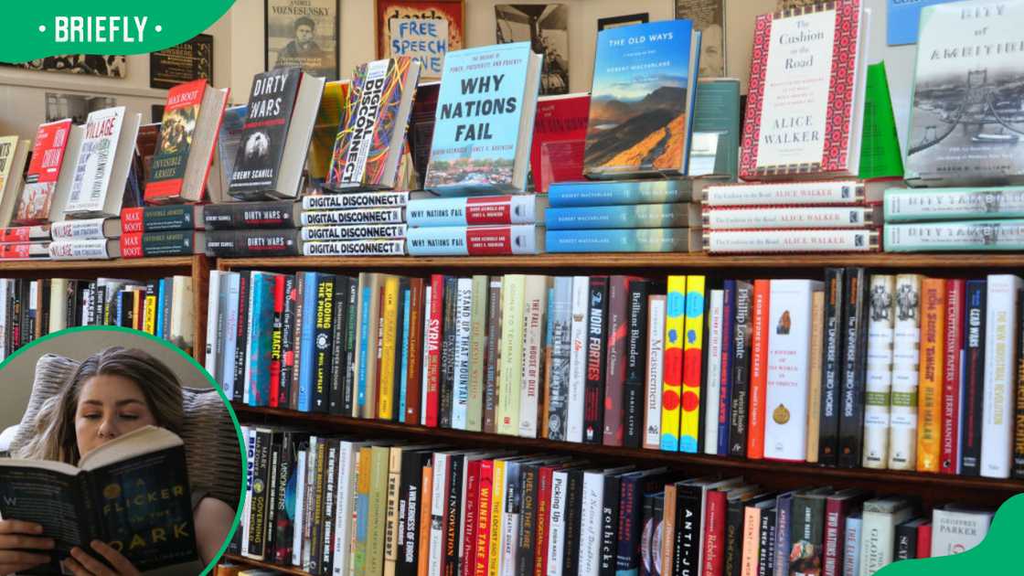 Books displayed on a shelf and a woman reading a book