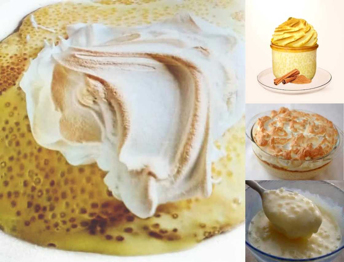Sago poeding resep: met meringue of met kondensmelk. Gebak en ongebakte resepte Sago poeding resep: met meringue of met kondensmelk. Gebak en ongebakte resepte
