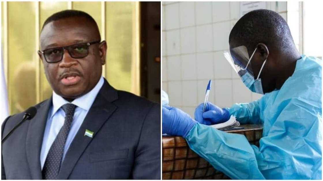 A collage of the Sierra Leonean president and a health worker in a lab. Photo source: Guardian/Vanguard A collage of the Sierra Leonean president and a health worker in a lab. Photo source: Guardian/Vanguard