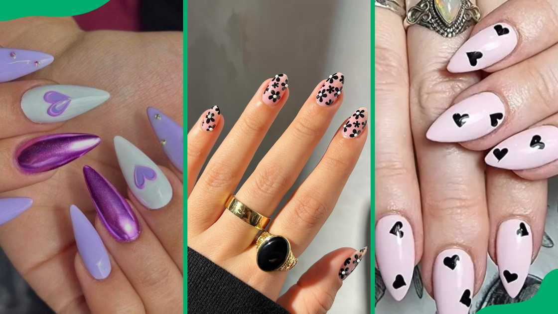 Purple almond nail design(L), Dark floral nail design (C), Blackhearts design (R). Purple almond nail design(L), Dark floral nail design (C), Blackhearts design (R).