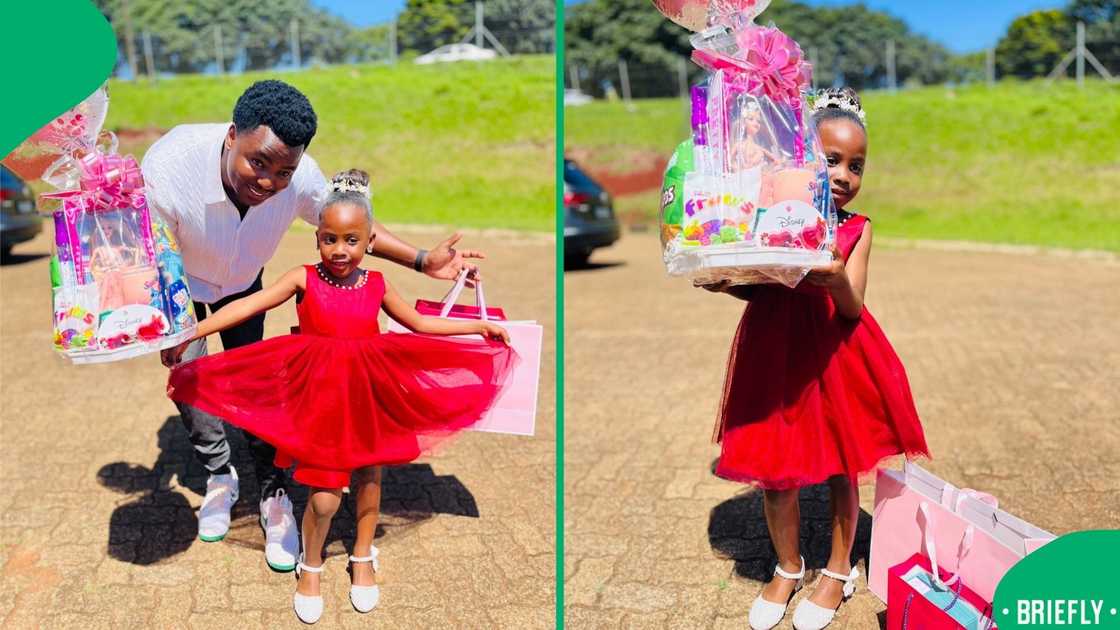 The visual on the right showed the little girl standing alone while holding a wrapped gift hamper, still wearing her red dress and smiling confidently The visual on the right showed the little girl standing alone while holding a wrapped gift hamper, still wearing her red dress and smiling confidently