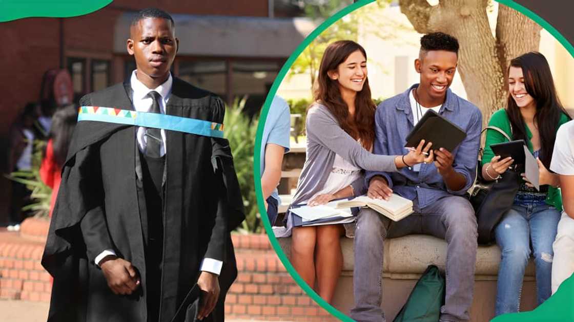 A male UKZN graduate on his special day and a group of UKZN students engaging in a vibrant conversation A male UKZN graduate on his special day and a group of UKZN students engaging in a vibrant conversation