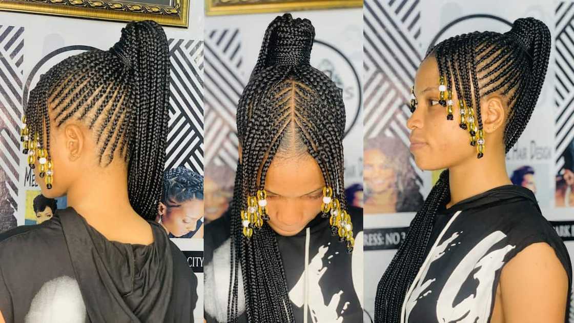 Sideway-flowing cornrow ponytail with beads