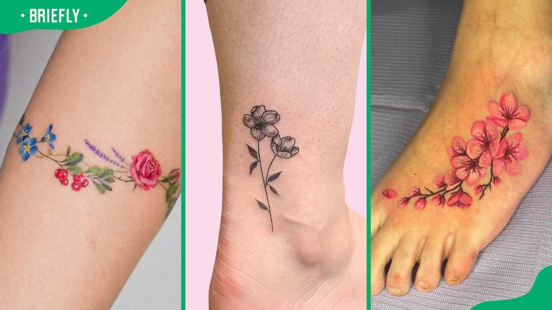 Wrist (L), ankle (C), and foot flower tattoos (R) Wrist (L), ankle (C), and foot flower tattoos (R)