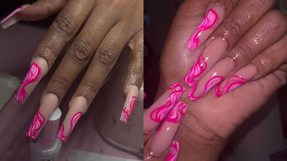 Clear nails with hot pink pattern Clear nails with hot pink pattern