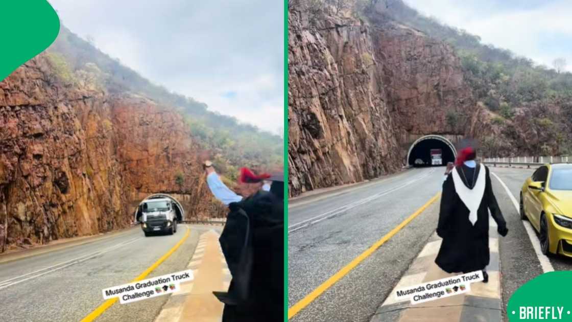 To celebrate academic achievement, motivational speaker Musanda, in graduation regalia, prompted trucks to honk during his 'Educational Truck Challenge'