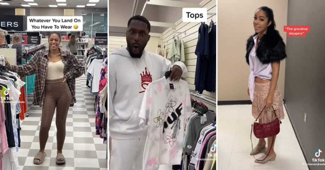 Cute couple picking out random items of clothing Cute couple picking out random items of clothing