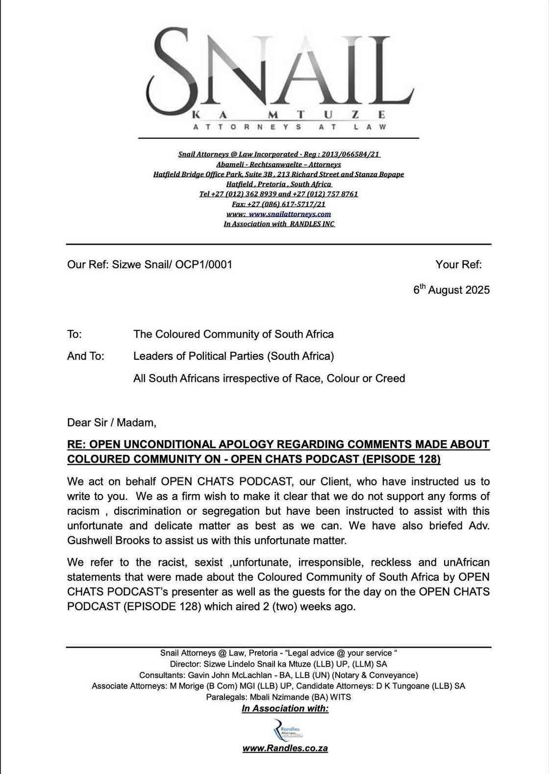 A statement from the attorneys.