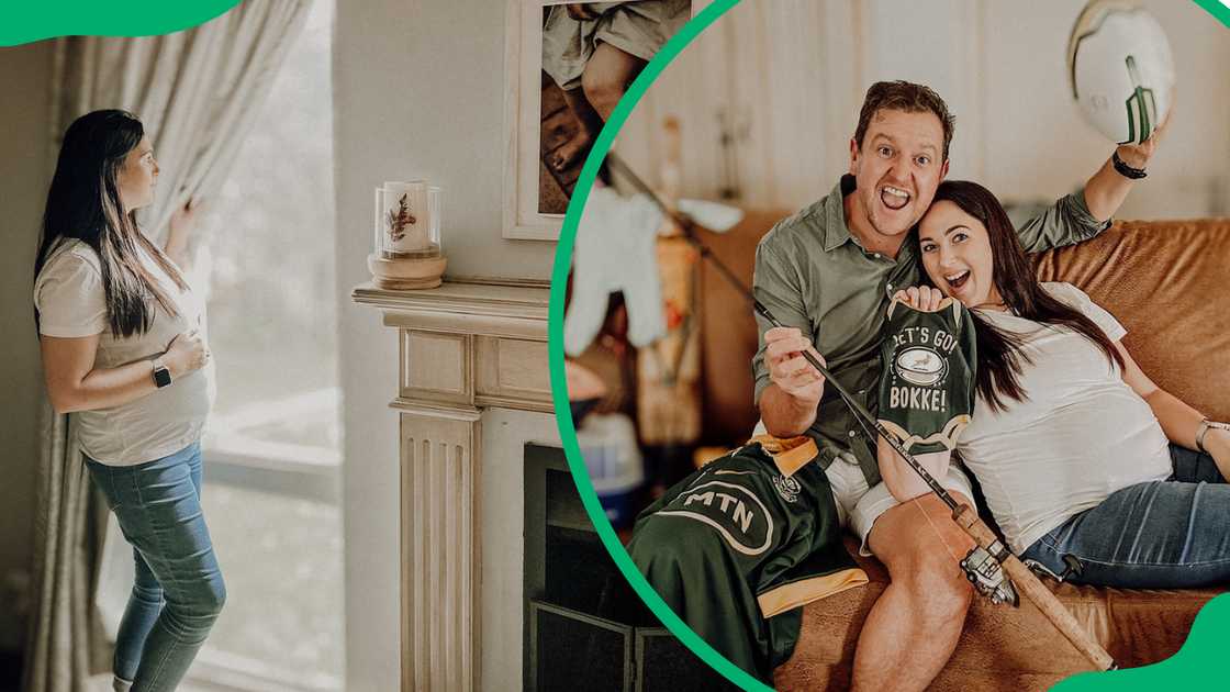 Talana Kuhn standing by a window holding her belly (L). Kuhn and her husband sitting on a brown couch (R)