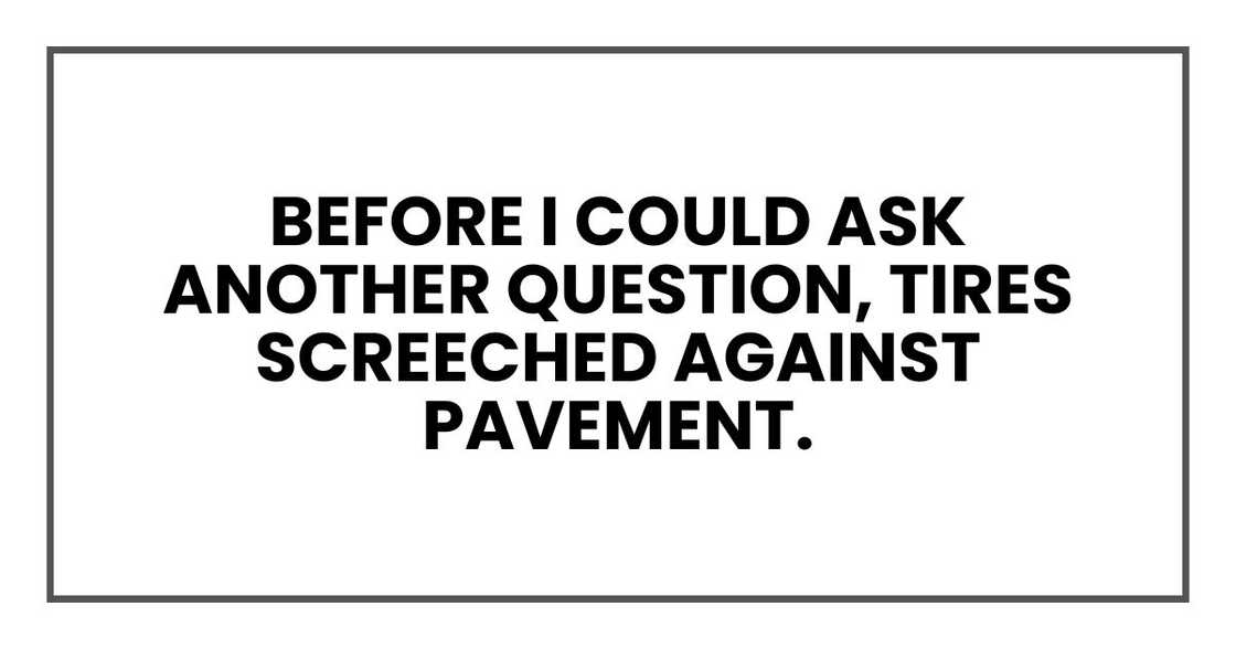 Before I could ask another question, tires screeched against pavement. Before I could ask another question, tires screeched against pavement.