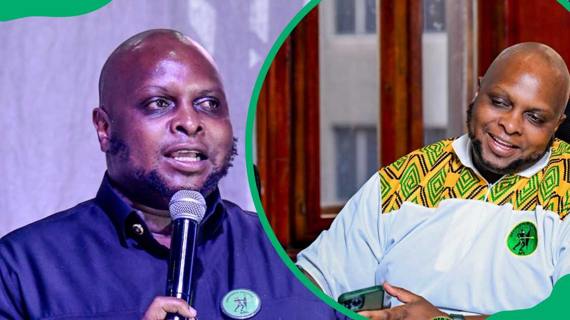 Floyd Shivambu speaks in a navy blue shirt and he smiles in a white uMkhonto weSizwe shirt with Ankara detail