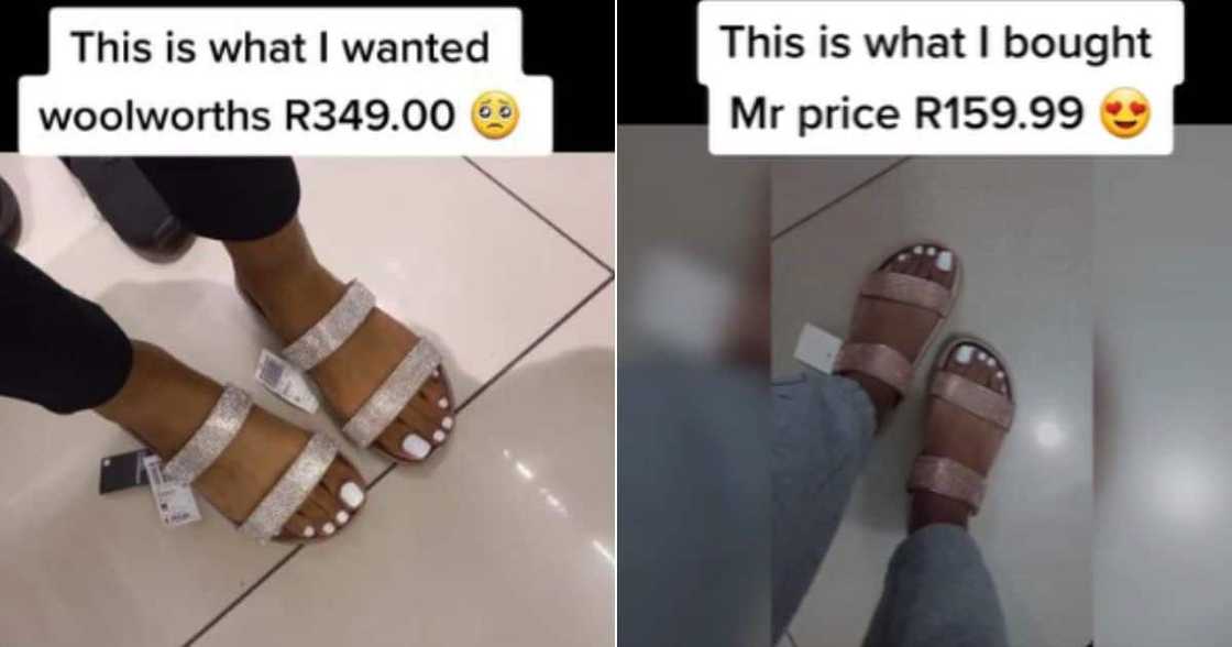 Woman compares Woolworths and Mr Price shoes Woman compares Woolworths and Mr Price shoes