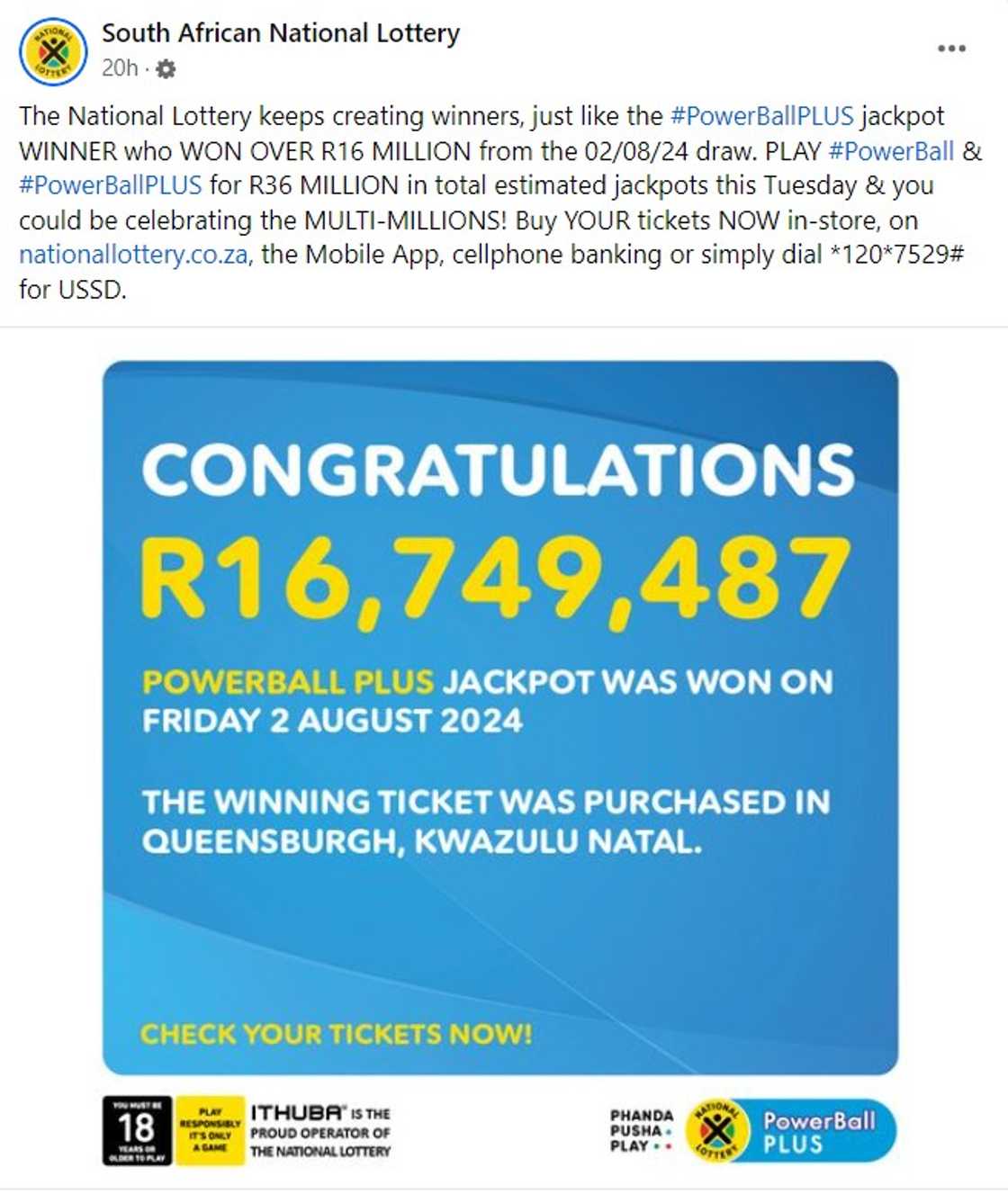 A person won over R16 million playing the Lotto's Powerball Plus. A person won over R16 million playing the Lotto's Powerball Plus.