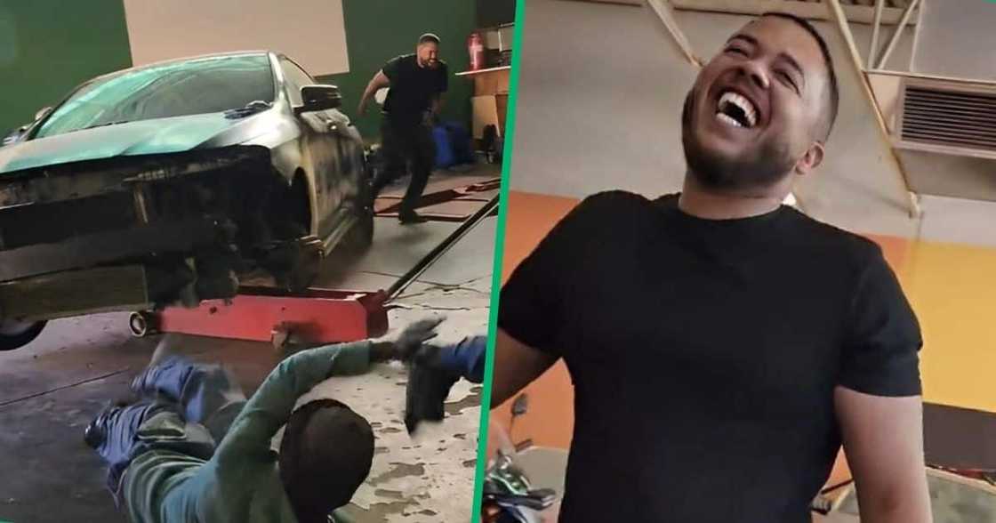 Man laughs after pranking workers. Man laughs after pranking workers.