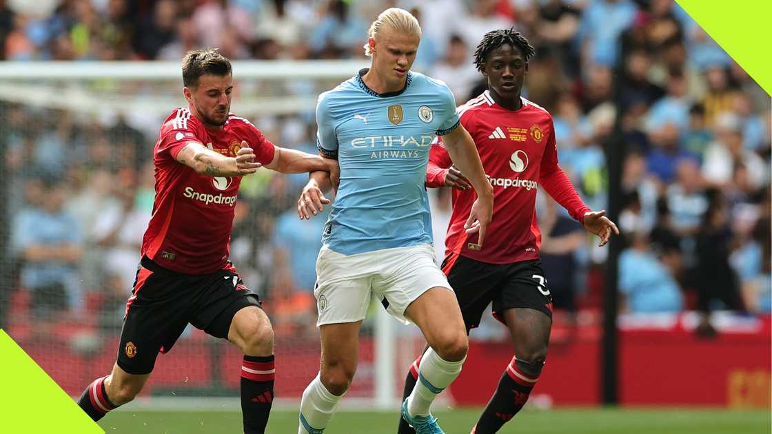 Erling Haaland and Mason Mount during the FA Commnunity shield clash Erling Haaland and Mason Mount during the FA Commnunity shield clash